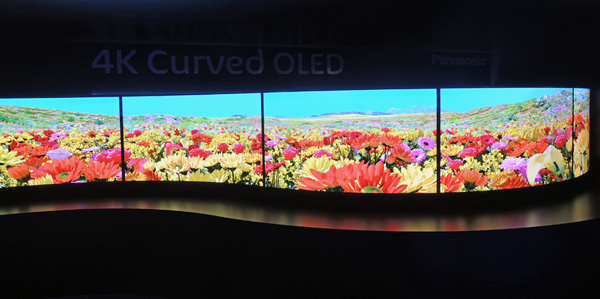 This wall of 56-inch curved OLEDs greeted visitors to the Panasonic booth.