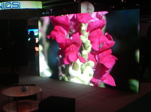 The LED wall display from Daktronics has lower resolution than you might expect.