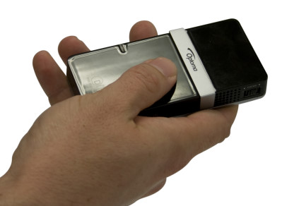 The Optoma pico projector fits in the palm of your hand.