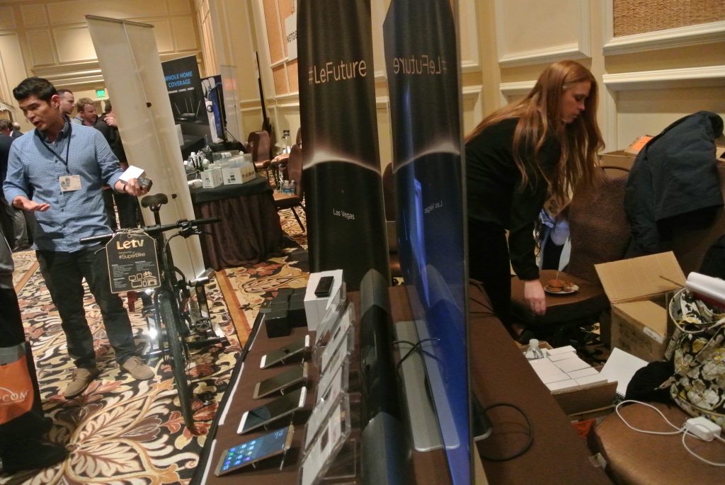 At one of the press-and-analysts-only events held at CES 2016, LeEco (then called Letv) showed a variety of its electronic products (as well as a bicycle). The handsomely designed thin TV seen edge-on is the Max65 Blade, a 65-inch UHD set that is only 3.9mm thick thanks to a Corning Iris Glass light-guide plate. The SoC is a Snapdragon 810. (Photo: Ken Werner)