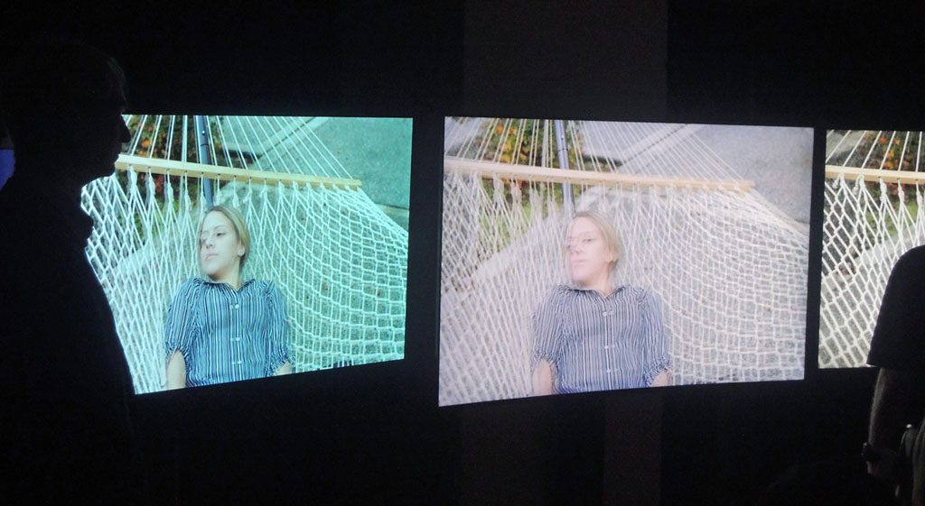 A closeup view of LG's OLEDD65G6P (left) and Samsung's UN78KS9800 (right), again viewed at a 35-degree angle to the left. 