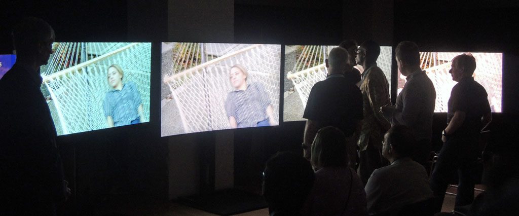 The same two displays, now being viewed at at angle of about 35 degrees to the left of the optical centerline.