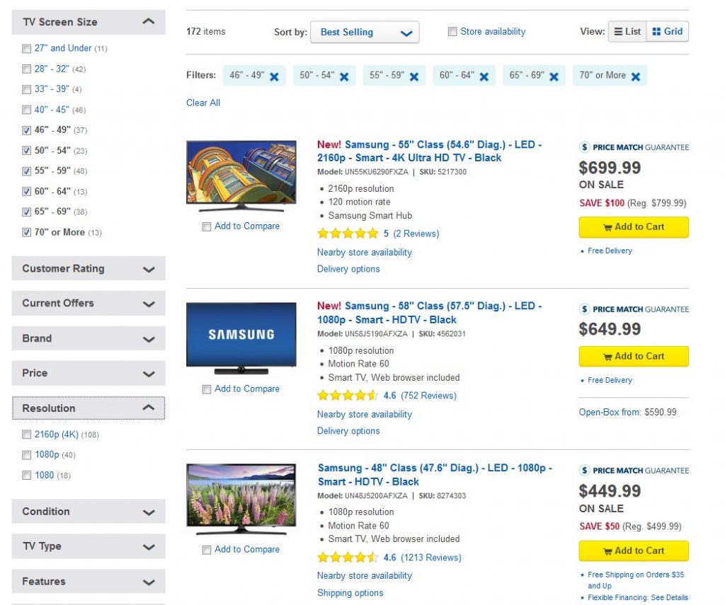 As you can see in the left column, Best Buy now has about 50 more models of Ultra HDTVs for sale than Full HD set (they're just SO 2005!).