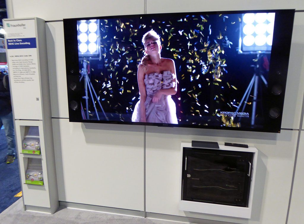 The Fraunhofer Institute demonstrated 4K video with HDR and wide color gamut at an amazingly low 16 Mb/s. Image quality was spectacular (and yes, they did encode pieces of falling glitter in the video!).
