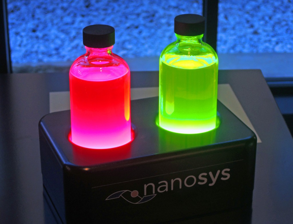And here's where the magic happens - two jars with indium phosphide quantum dots suspended in fluid to produce those brilliant reds and greens.