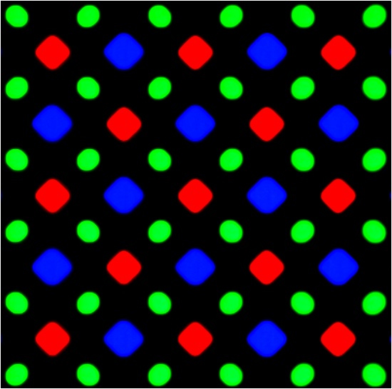 This version of the Pentile pixel architecture is used in Samsung's Note 3 phablet.  The original architecture developed by Clairvoyant used a blue subpixel that was much larger than the red and green.  In early discussions with Samsung, Samsung engineers observed that such a pattern demanded zig-zag bus lines that would increase parasitic capacitance.  Subsequent generations used rectangular pixel patterns, but Samsung has made much of the 