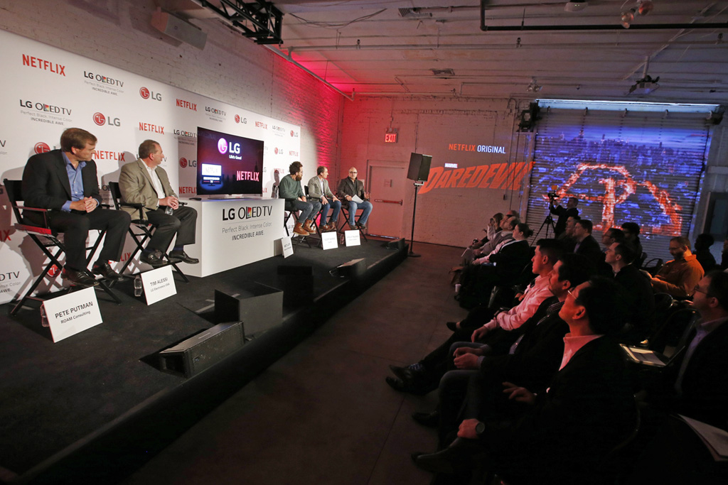The panel discussion at LG's OLED TV launch event. Left to right, yours truly, Tim Alessi of LG Electronics, Matt Lloyd, DP on Daredevil, Scott Mirer of Netflix, and moderator Shelly Palmer.