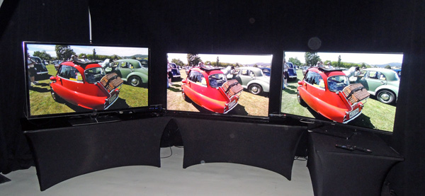 Panasonic's 2014 LCD TVs (center) predominantly use PVA glass and are quite improved over the 2013 models (right), holding their own against last year's ZT-series plasma (left).