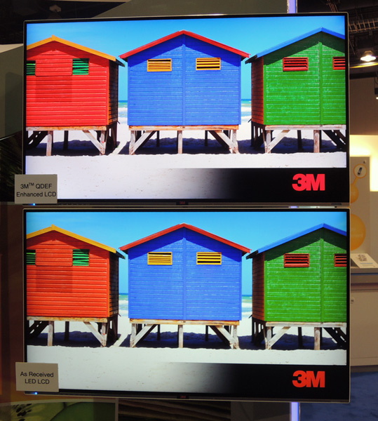 3M featured its quantum dot film (QDF) in several demos. An LCD TV equipped with it is at the top of the picture.