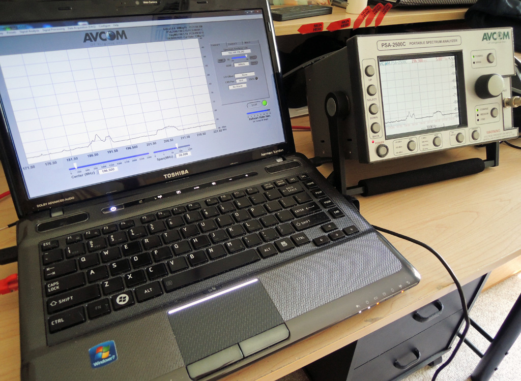 The performance of each antenna was verified with an AVCOM spectrum analyzer, Hauppauge Aero-M USB stick receiver, and TS Reader software.