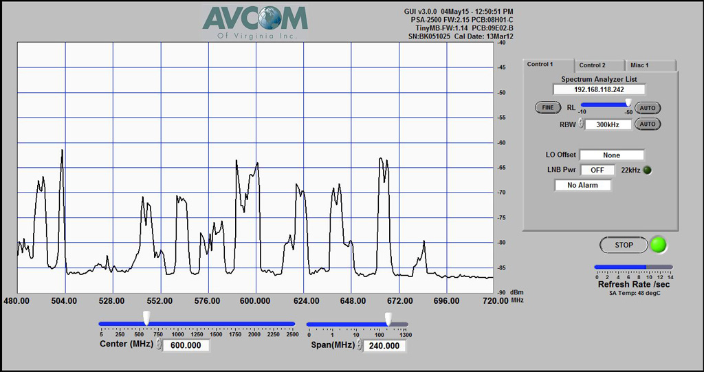 Here is a view of the UHF TV spectrum from channel 17 to channel 46, as received by the Aerowave with the Juice amplifier. (I could only pick up one signal without amplification.)