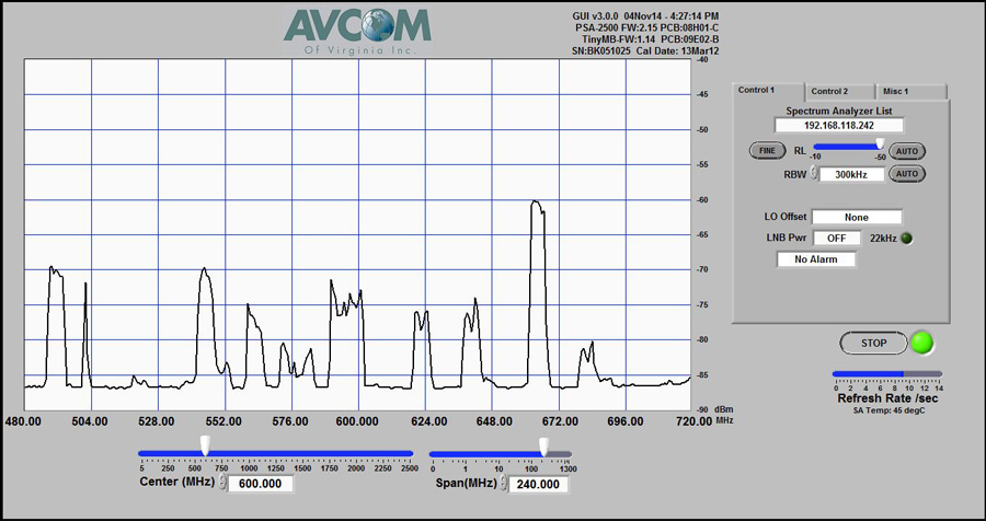 Here's a view of the UHF spectrum from channel 14 through 51, as captured with the ClearStream Eclipse.